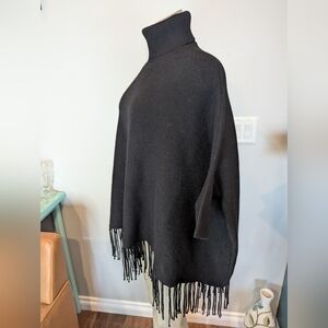 Old Money Black Fringe Poncho Turtle Neck sweater With Sleeves  One Size